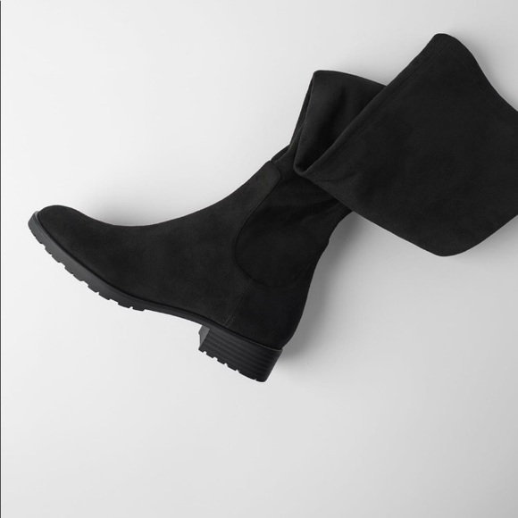 Zara Shoes Zara Black Flat Heeled Over The Knee Boots Poshmark